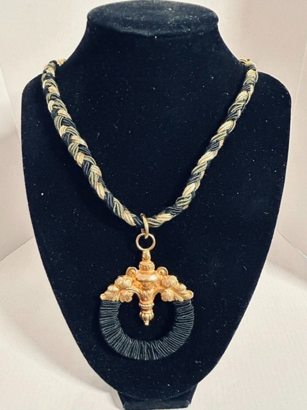 Black Gold Braided Cord Necklace Ornate Gold Tone Ring Pendant Statement Jewelry